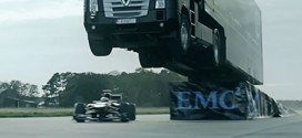 Semi Jump Record - Video: Big rig jumps F1 car, sets record