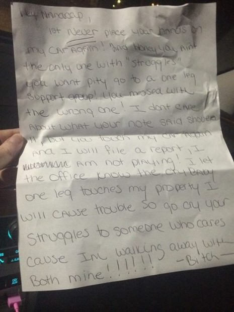 Ashley Brady : Letter calls woman with prosthetic limb a "cry baby one leg"